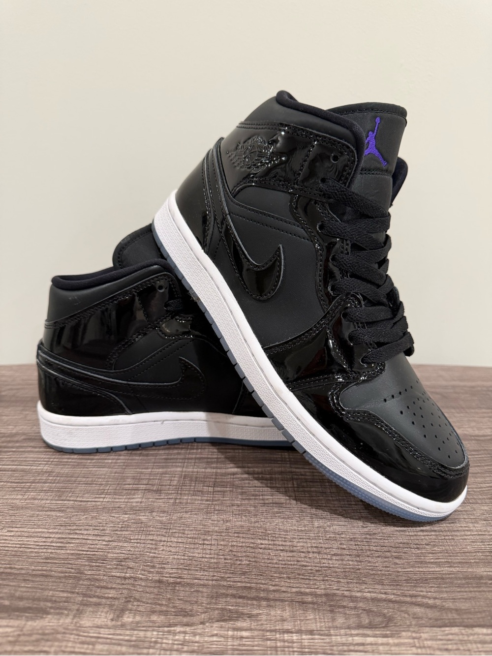 Jordan 1 Mid Black Patent with Purple Jumpman